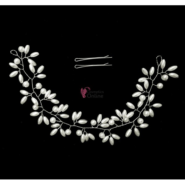 Accesoriu modern pentru decor par WED33AA Argintii cu Perle de 30cm + 2 agrafe